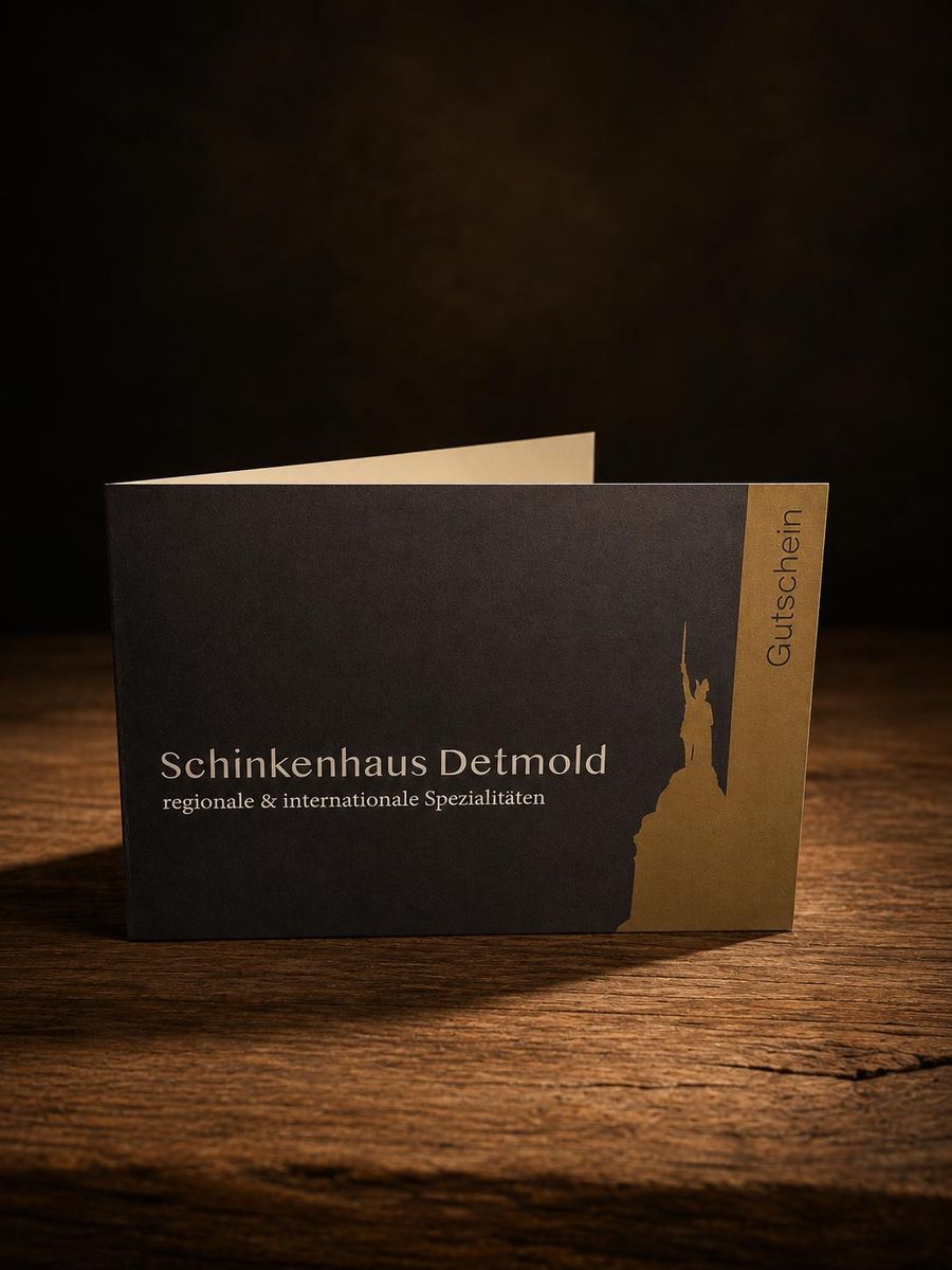 Geschenkgutschein vom Schinkenhaus Detmold: Klappkarte in Anthrazit und Gold mit der Silhouette des Hermannsdenkmals